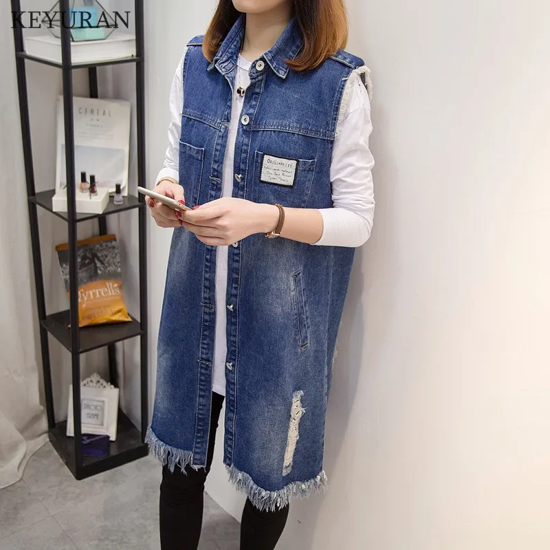

Spring Fall Hole Denim Long Vest For Lady 2019 Fashion Frayed Jeans Waistcoat Women Plus Size XL-5XL Sleeveless Colete Feminino