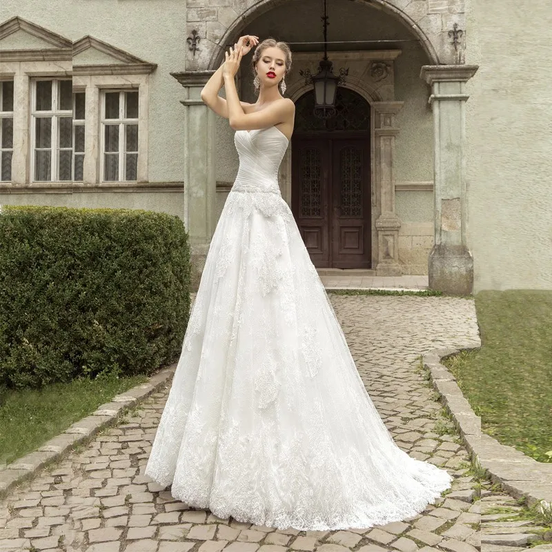 Dignified Sweetheart with Pleat and Lace Wedding Dresses A Line Applique Up Back Tulle Bridal Gown court train | Свадьбы и торжества