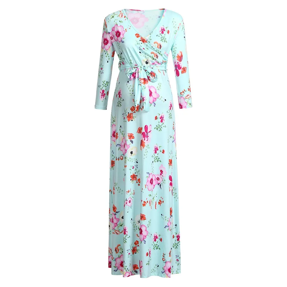 LONSANT платье для беременных женщин с v-образным вырезом и длинными рукавами женское длинное платье для беременных элегантное платье с цветочной печатью платье - Цвет: Небесно-голубой
