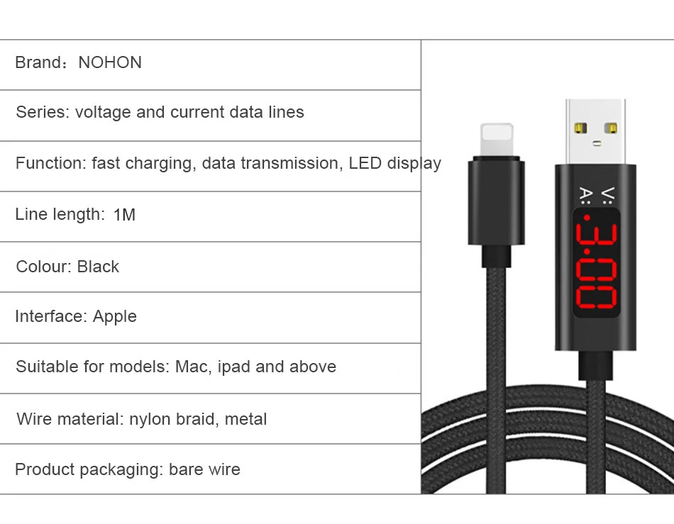 NOHON Nylon Portable Data Cable For Apple iPhone X 7 6 8 Plus 10 For iPad Mini Phone LED Display Lighting Quick Charge Cables 1M (4)
