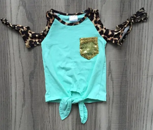 Летняя детская одежда для маленьких девочек эксклюзивная футболка с короткими рукавами, серая футболка с леопардовым принтом и карманом для всей семьи - Цвет: mint child