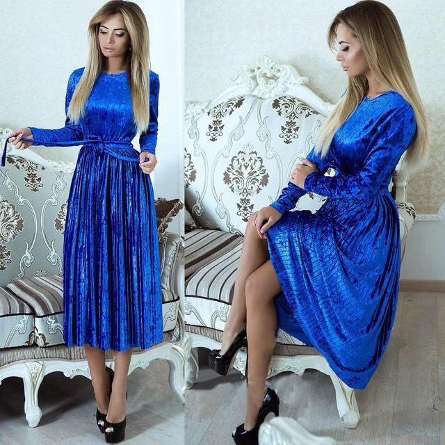 VITIANA женское длинное повседневное вельветовое платье, женское осеннее зеленое синее платье с длинным рукавом, зимнее винтажное элегантное Плиссированное вечернее платье - Цвет: blue