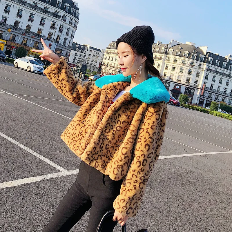 Gtgyff Manteaux Faux Avec Survêtement Chaud Femmes Manteau Velu Vestes Bleu De Artificielle pink Fourrure Collar Vêtements Léopard Col D'hiver Veste Blue Collar rYxnBTrS