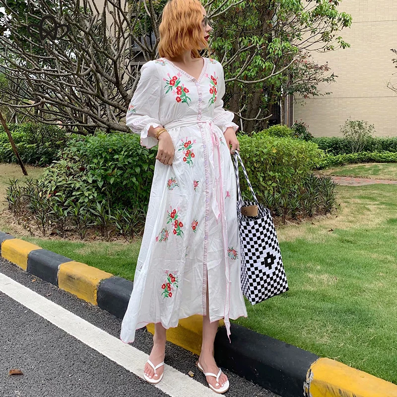 

Bella philosophy Women Long Sleeve Floral Boho Dress Vintage Embroidery Female Sashes Long Maxi Dress Holiday Lady Beach Dress