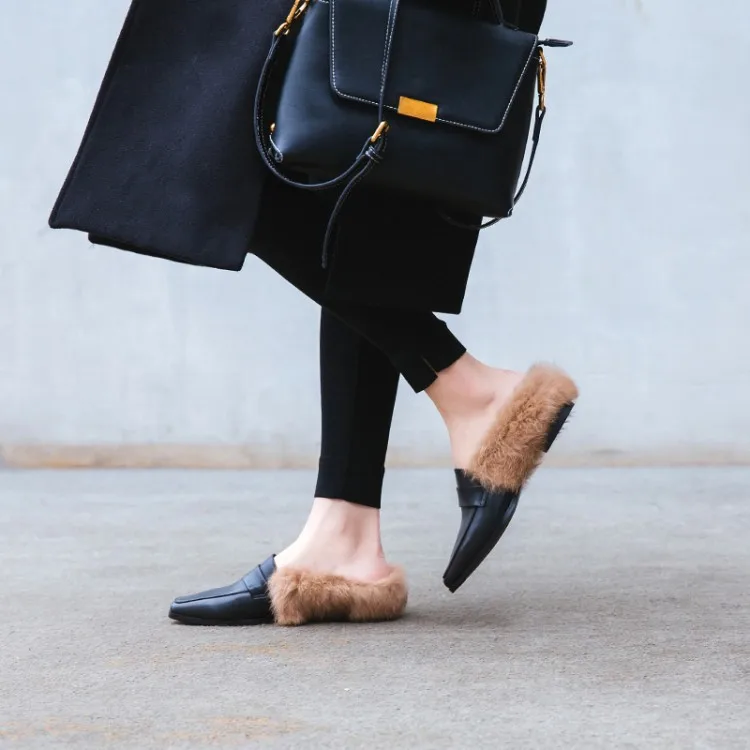 Women Real Fur Mule Shoes Flats Slip on 2017 Autumn Winter Retro Square
