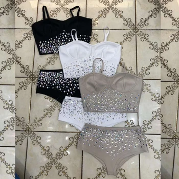 

2019 Women Summer Sexy Beading Two 2 Pieces Sext Black White Beige Bandage Bodysuit Solid Spaghetti Strap Beads Clubwear Festa