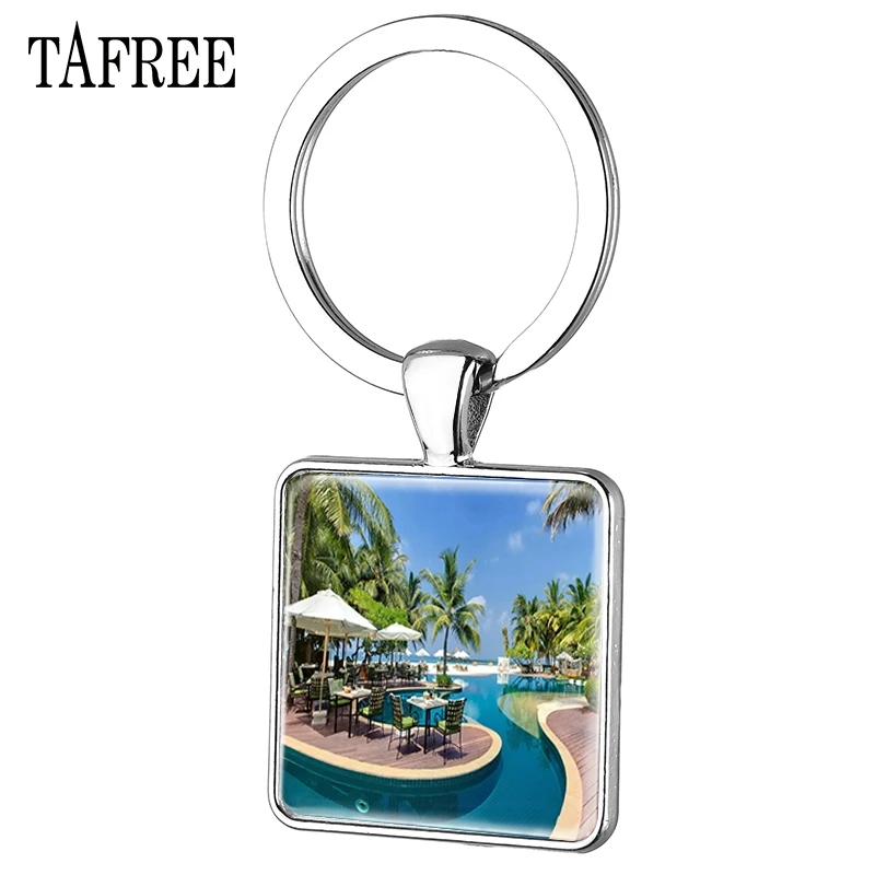 

TAFREE Maldives Beaches Key Chain Sea Windy Silver Plated Square keychains Fashion beautiful Souvenirs Romantic Jewelry FA764