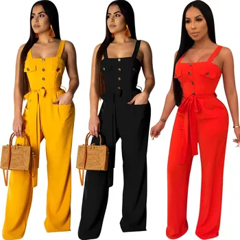 

Women Casual Belt Wide Leg Jumpsuit 2019 Summer Sexy Straps Sleeveless Long Overalls Office Lady Elegant Office Playsuit