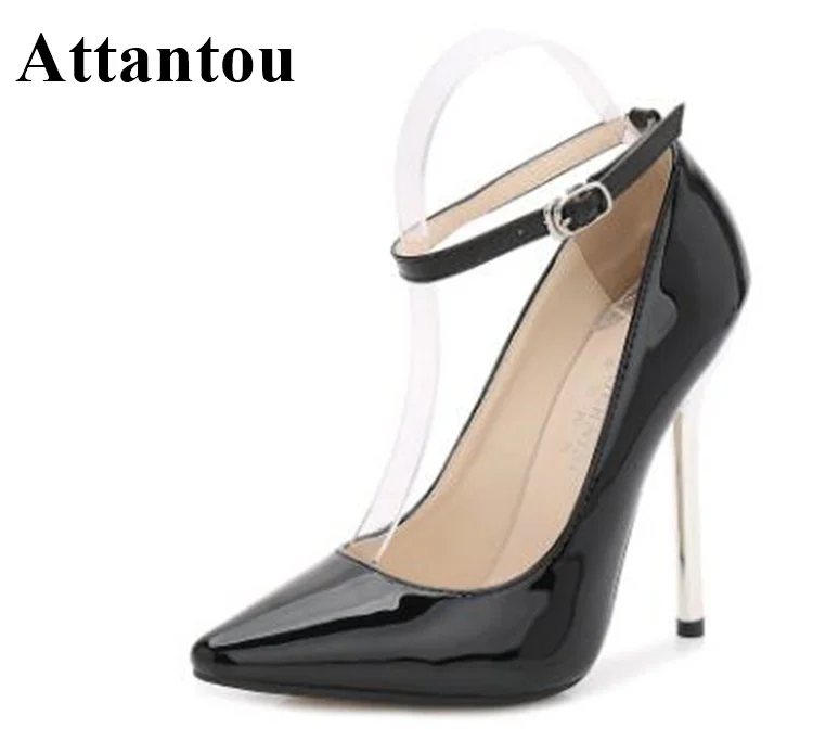 

New Arrival Stiletto Pumps Women High Heel Patent Leather Evening Party Dress Shoes Straps Ankle Wrap 13cm Heeled Pointed Toe