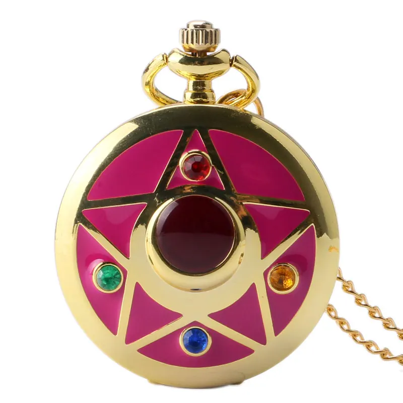 

Luxury Pink Sailor Moon Theme Rhinestones Case Quartz Pocket Watches with Necklace Chain for Best Gift Girls Women