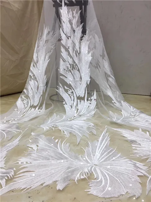 

2019 high quality French Nigerian sequins net lace,African tulle mesh sequence lace fabric for party dress 5yards/lot white X4