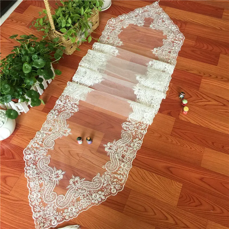 Embroidered Lace Table Runner TV Bench Stand End Table Cover Decoration 39.5 x 225cm 40cm x 250cm White