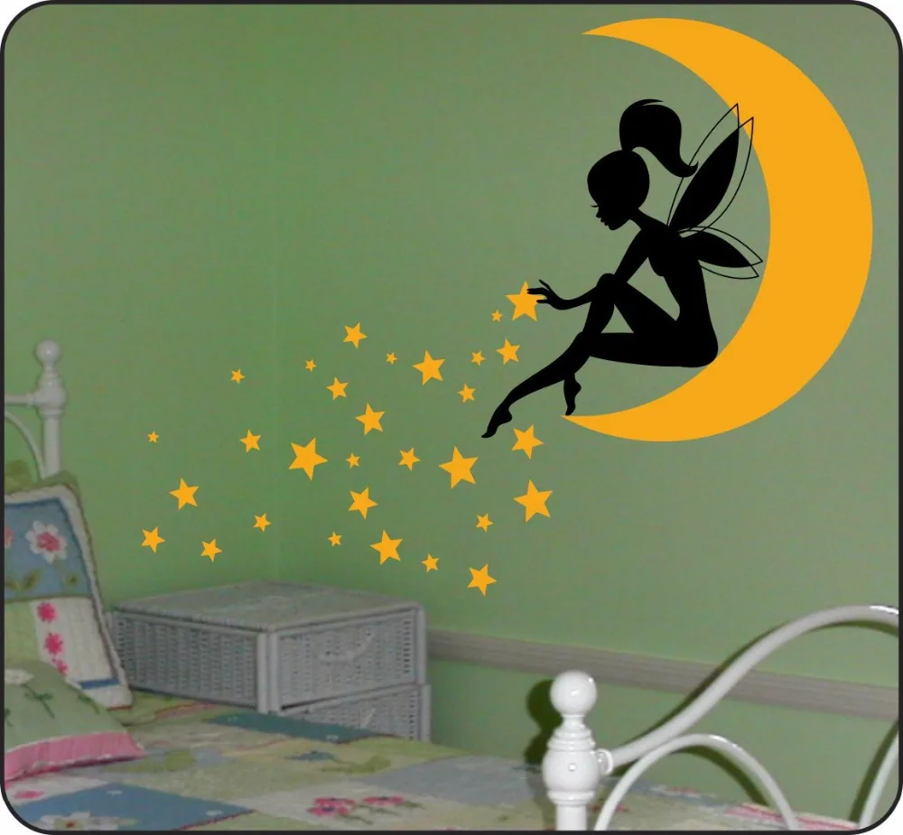 Fairy Sitting on Moon Wall Sticker Fairy with Pixie Dust Stars Wall Art