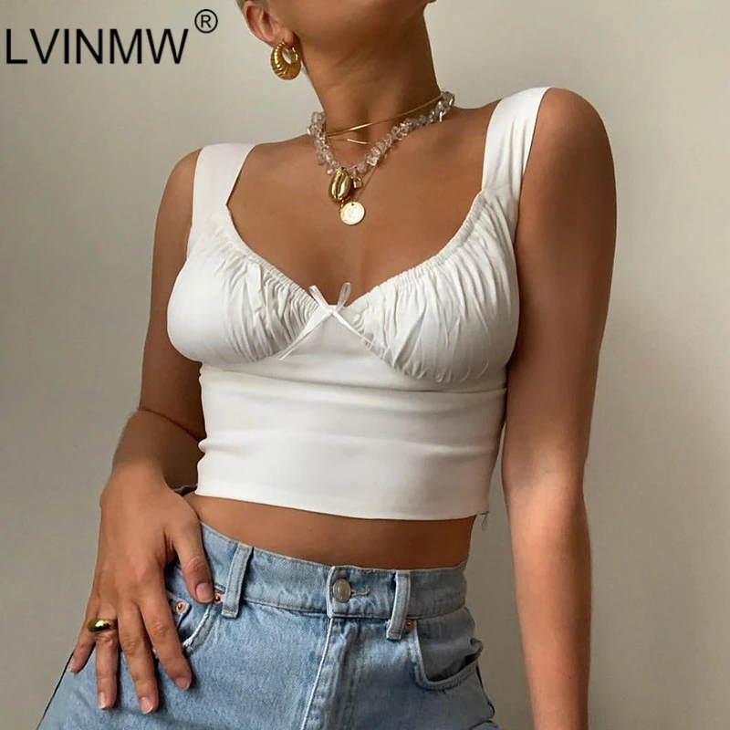 

LVINMW Sexy White Spaghetti Straps Low Cut Bow Ruches Crop Top 2019 Summer Women Sleeveless Camisole Top Female Skinny Bralette