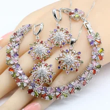 Разноцветные кубические циркония 925 Серебряные Ювелирные наборы для женщин серьги браслет кольца ожерелье кулон