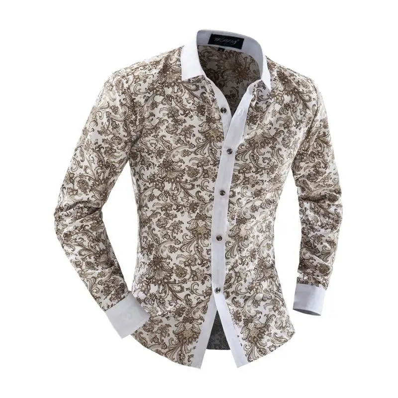 2016 New Arrival Mens Slim Fit Casual Dress Shirts Floral Print Long Sleeve Design Blouse Lapel Tops Men shirts Size M-2XL