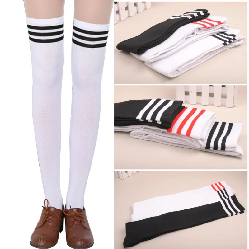 Summer Autumn Casual Over Knee Black Noir Socks Hot Thigh High Sexy Cotton Socks Women's Striped Over Knee Girl Lady Sock