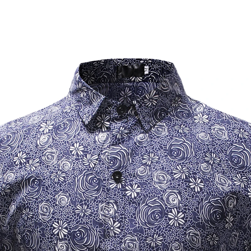 New Autumn Men Lapel Tops Casual Loose Rose Printing Shirt Long Sleeve Fiber Blend Dress Shirts Unique Floral Print Multi Colors