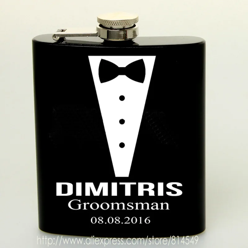 Free   Personalized Engraved 6 oz Stainless Steel Black Hip Flask ,Groomsman or Best man gift , Birthday gift ,PASSED FDA TEST 