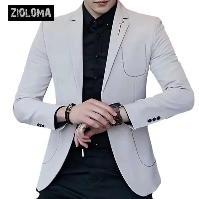 ZIOLOMA мужской модный приталенный костюм мужской деловой пиджак на одной пуговице брендовый мужской пиджак - Цвет: Серый