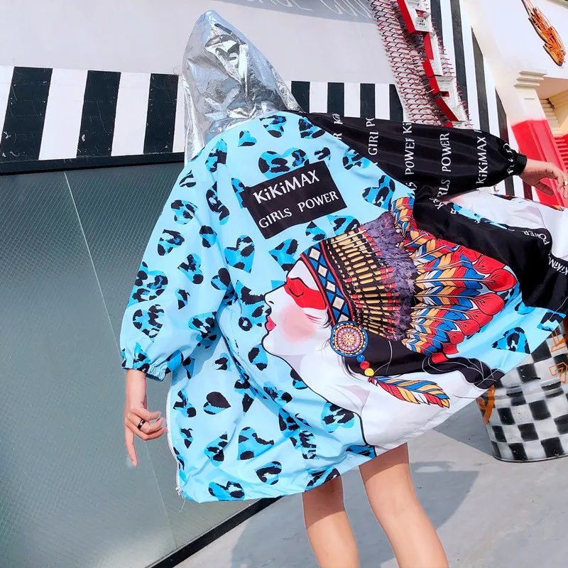 

Women High Street Cartoon Printed Hooded Cardigan Big Size Casual Loose Thin Jacket BF Design Long Coat