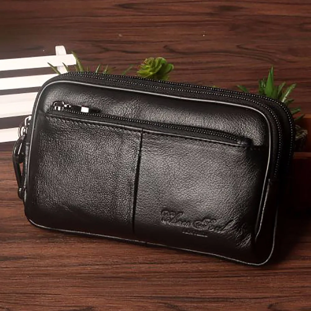 

High Quality Real Genuine Leather Men Clutch Waist Bag Cell/Mobile Phone Case Hip Belt Purse First Layer Cowhide Hook Fanny Pack