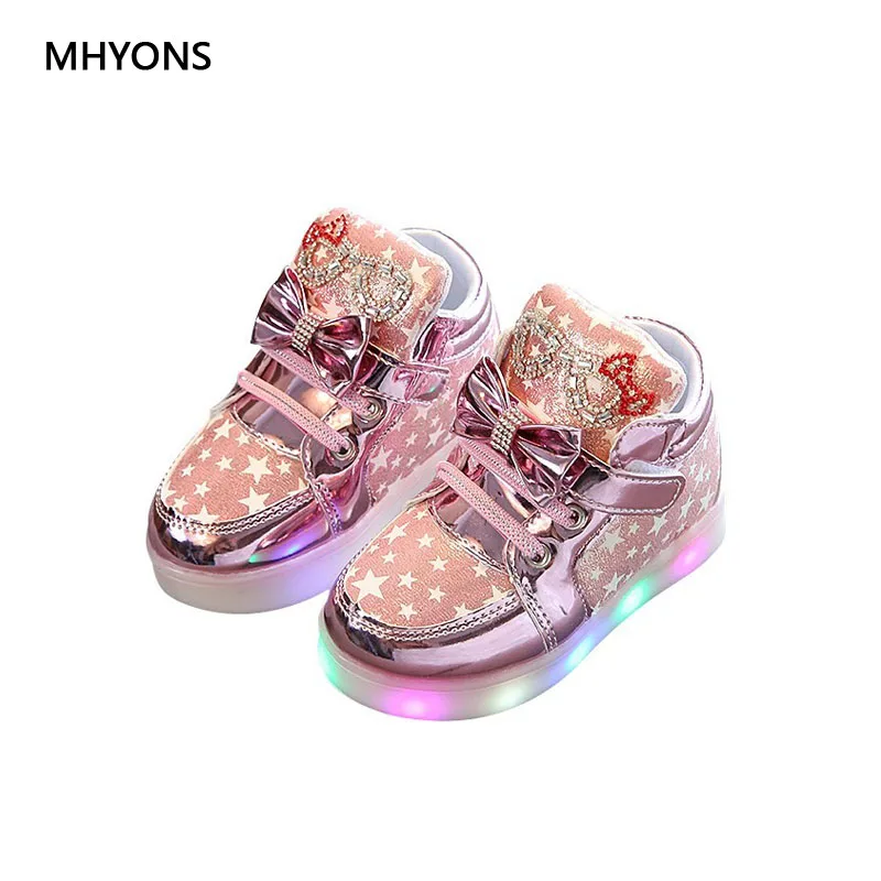MHYONS 2018 детские ботинки ПУ кожаные светодиодная подсветка модные кроссовки для