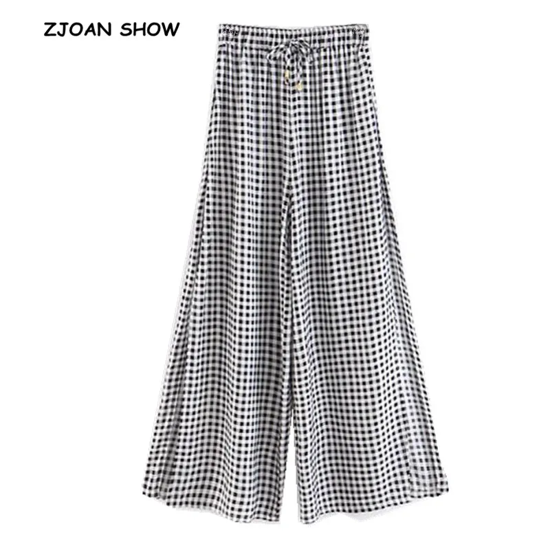 Retro Side Slit Black White Plaid Print Wide Leg Pants Woman Bow Lace