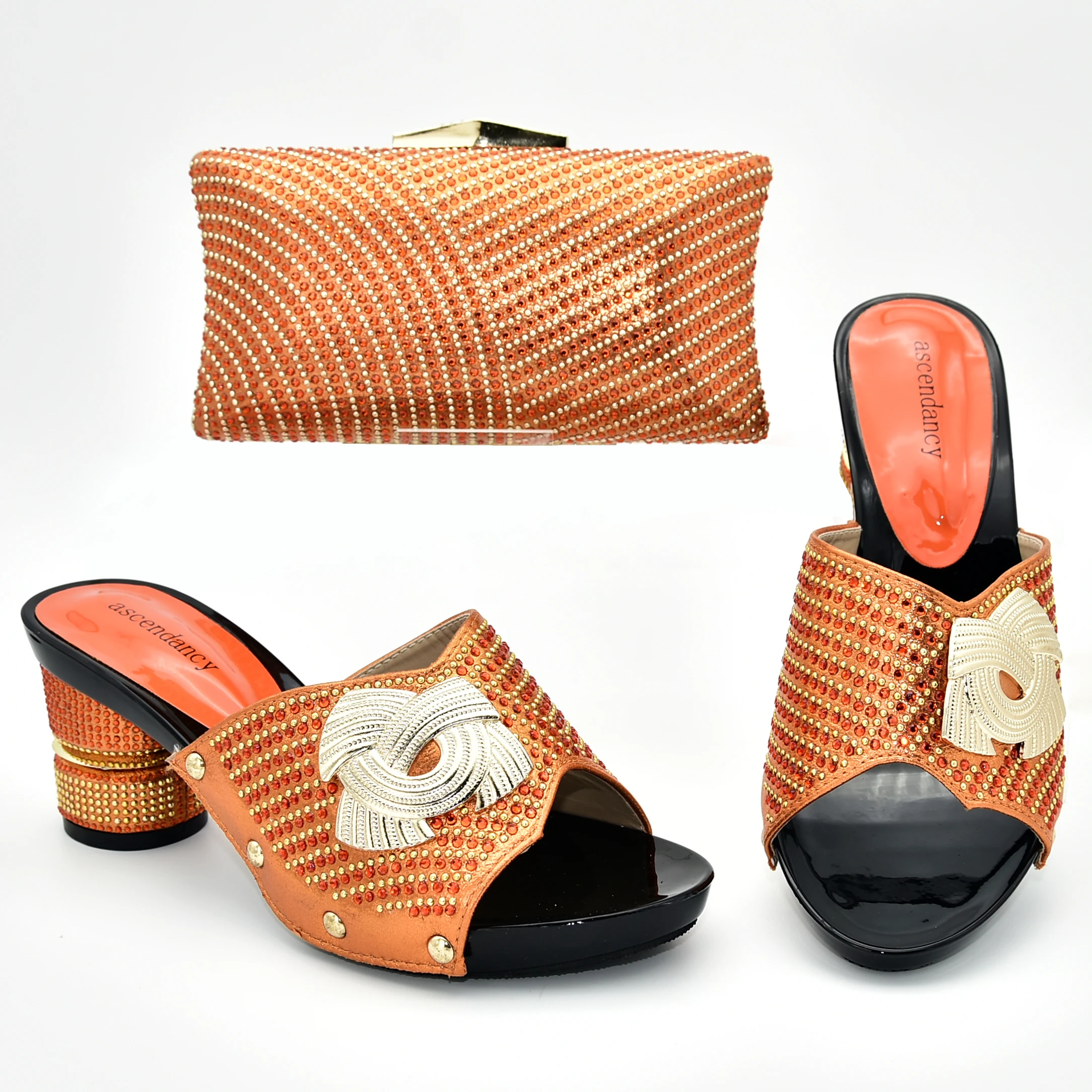 

Orange 4 inch italian shoes and bag matching set 2019 with many stones nice fashion slippers shoes and clutches bag SB8389-3