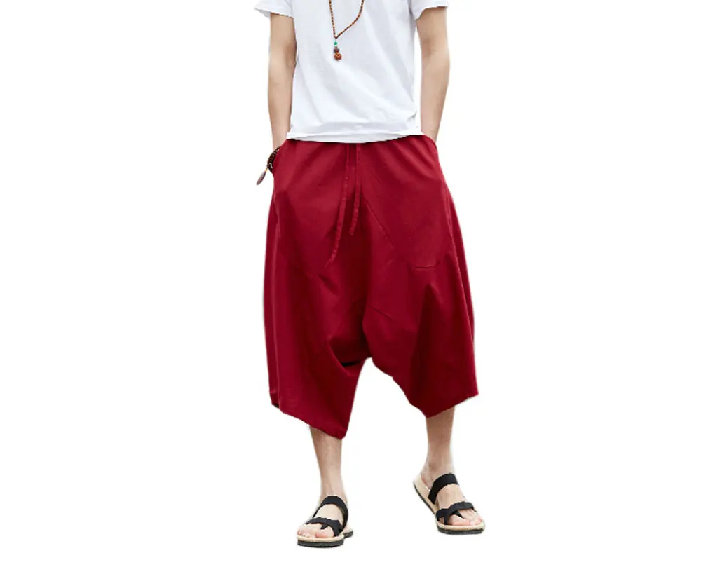 G-LIKE, летний китайский стиль, мужские свободные хлопковые льняные укороченные брюки, дышащие штаны для отдыха, удобные штаны для боевых искусств - Цвет: Wine Red