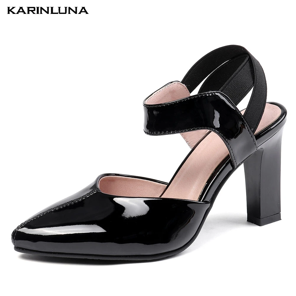

KARINLUNA women shoes big size 33-45 ankle wrap solid square med heels pointed toe shoes woman casual office summer sandals