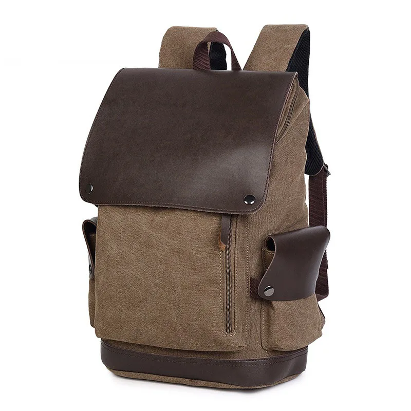 

Men's wearable canvas with leather large-capacity backpack Solid color retro burden backpack with cover waterproof laptop bag