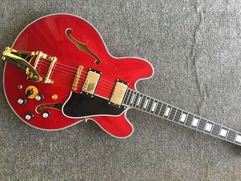 

High Quality Jazz Guitar, Dumb Red Electric Guitar,Golden Hardware,Black Guard plate,6 Strings bigsby electric guitar