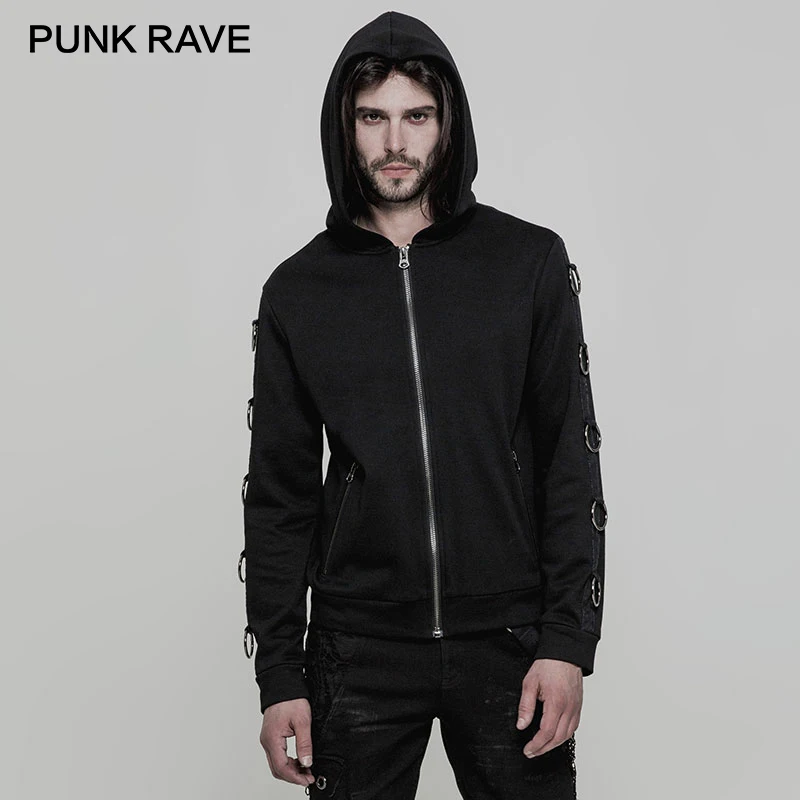 

PUNK RAVE Punk Metal D Ring Long Sleeves Spring Autumn Fancy Black Men Hoodies Streetwear Hip Hop Casual Sweatshirts Coat Jacket