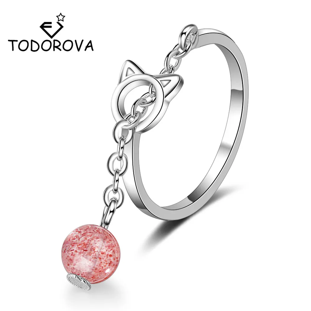 

Todorova Lovely Cat Strawberry Crystal Moonstone Pendant Adjustable Rings for Women Chain Tassel Rings