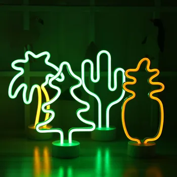 

LED Neon Night Light Pineapple Cactus Shape with Base Battery Powered Table Lamp for kids room holiday