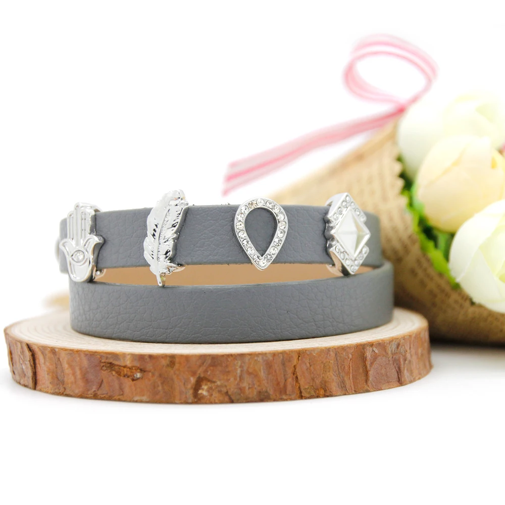 Wholesale Grey Microfiber Leather Bracelet Silver Charms Jewelry Slide Bracelet for Accessory ...