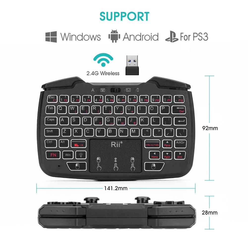 Rii RK707 2,4 ГГц беспроводной игровой контроллер игровая клавиатура игровая мышь комбинированная с тачпадом белая подсветка функция турбо вибрации