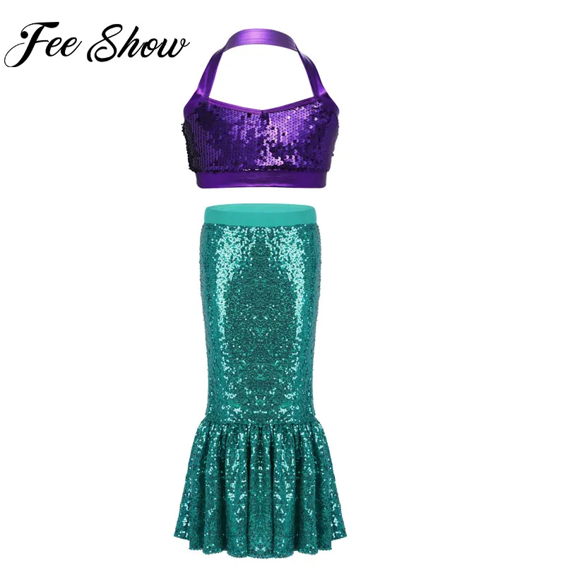 Kids Girls Shiny Mermaid Halloween Cosplay Costume Girl Sequins Fancy Party Dress Up Long Green Tail Skirt Mermaid Crop Tops Set