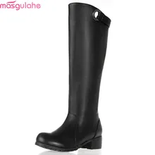 Masgulahe/черные женские ботинки Осень-зима сапоги из натуральной кожи с круглым носком и Pu искусственной кожи сапоги до колена из коровьей кожи без застежки, большие размеры 33-45