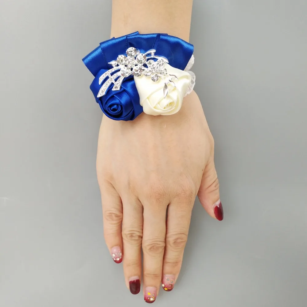 

6pcs/lot Customized many colors wrist flower bride bridesmaid wedding bouquet with diamond ribbon simulation roses SW0688