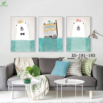 

Modern Canvas Art Nordic Kawaii Animals Bear Hippo Poster Print Nursery Wall Art Picture, no Frame Children's Room Decor