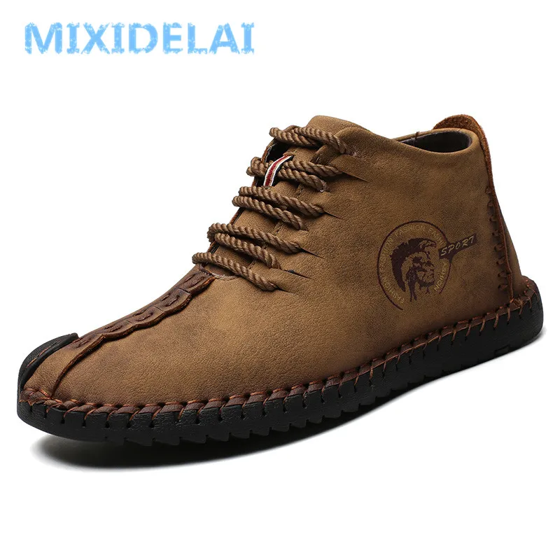 

MIXIDELAI Fashion Men Boots High Quality Split Leather Ankle Snow Boots Shoes Warm Fur Plush Lace-Up Winter Shoes Plus size 48
