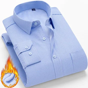 

Men Winter Velvet Thick Keep Warm Solid color Dress Shirt Long Sleeve social mens Shirt 2019 Tops Casual Striped Shirt men
