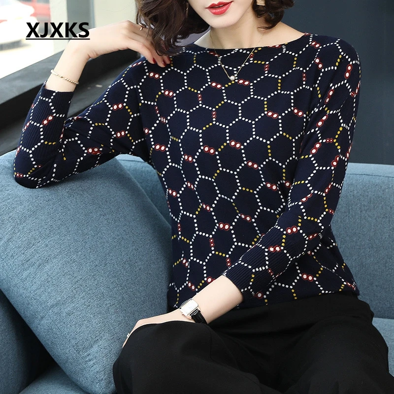 

XJXKS womens clothing wool knitted sweater high quality geometric streetwear 2018 fall fashion women pullover sweaters