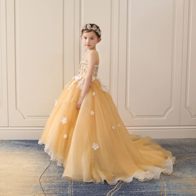 

2018 New Luxury Princess Girls Gold Dress Long Trailing Floral Ball Gown Dresses Wedding Banquet Beading Dress for girl JF560