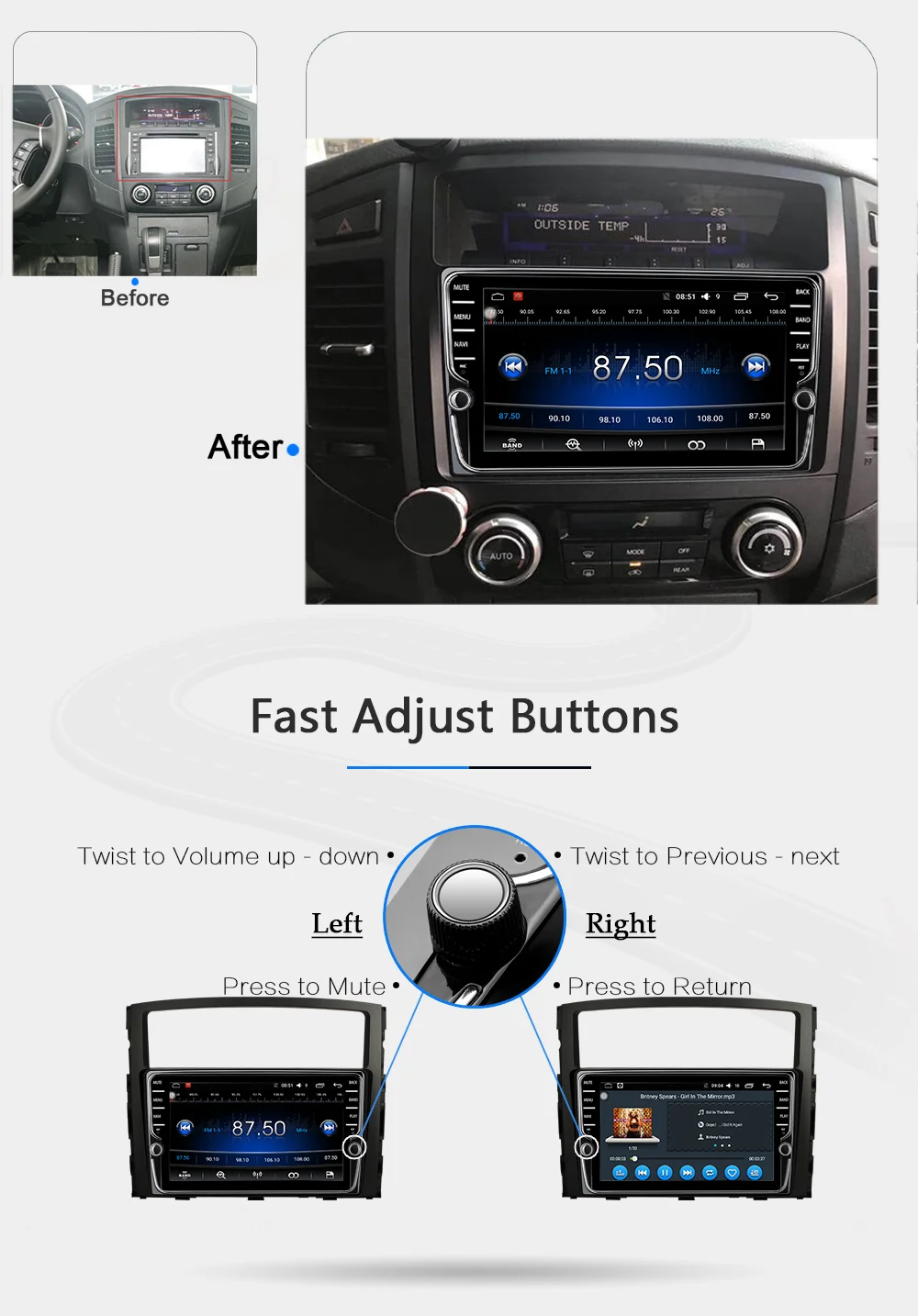 Best Funrover 2 din Android 8.0 car dvd multimedia Player For Mitsubishi Pajero V97 V93 2006-2015 car radio gps navigation IPS EQ RDS 3