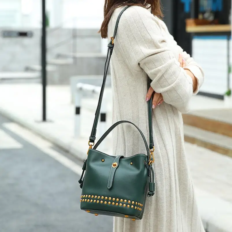 

ACELOVE Stylish Rivets Design Women Genuine Leather Bucket Bag Small Ladies Handbags Mini Tote Shoulder Crossbody Bags