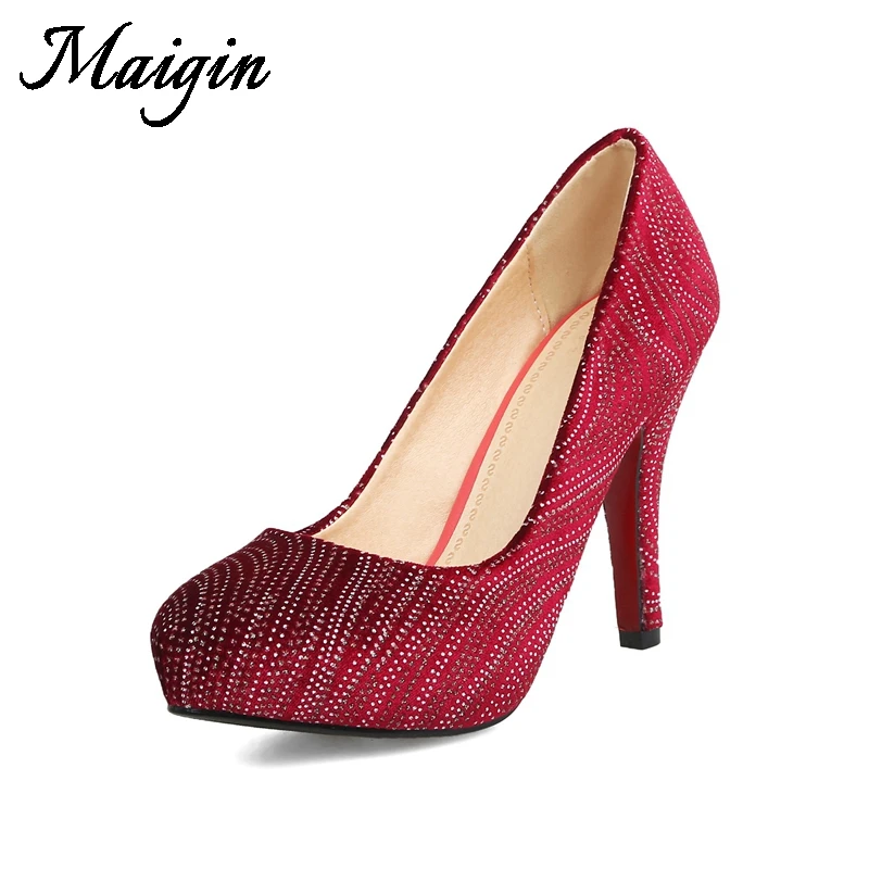 Maigin High Heels Women Platform Pumps Round Toe Crystal Ladies Shoes 2018 Big Size 10 Shallow Slip-on Female Shoes salto alto