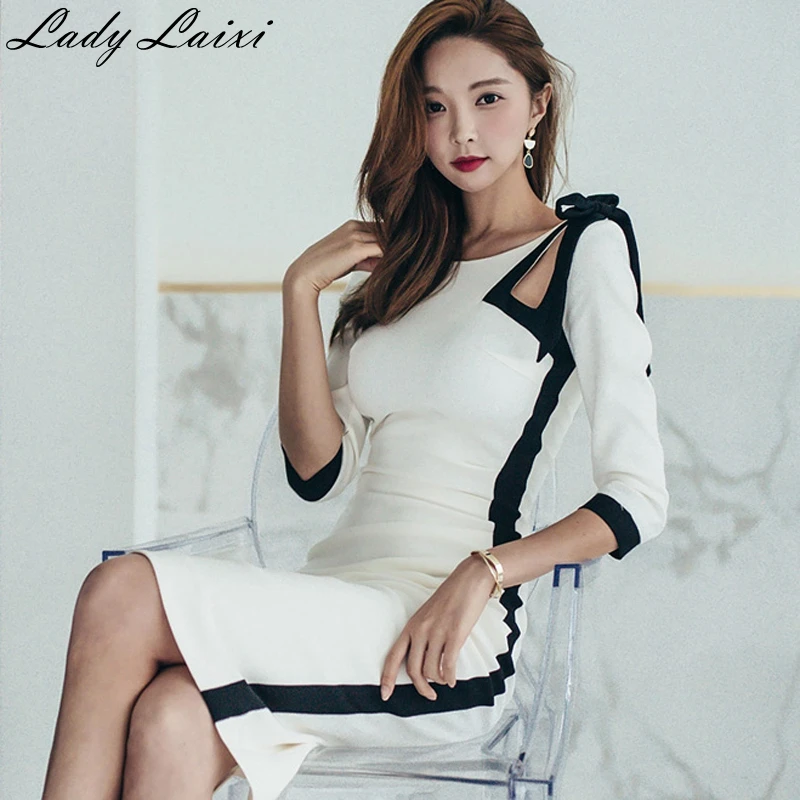 

2018 Autumn Women Dresses Sexy Hollow Out Package Hip Party Evening Pencil Vestido Elegant Bow Korean Slim Sheath Bodycon Dress